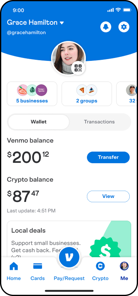 Venmo wallet — balance, crypto, local deals